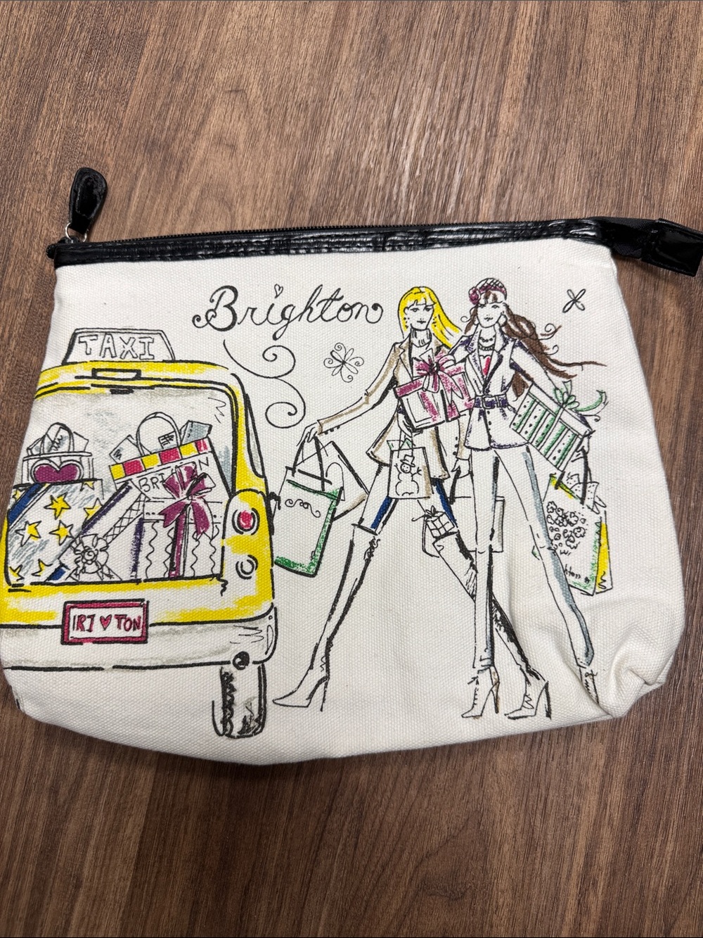 Brighton White Cosmetic Pouch with Fashion Illustration and Pink Accents